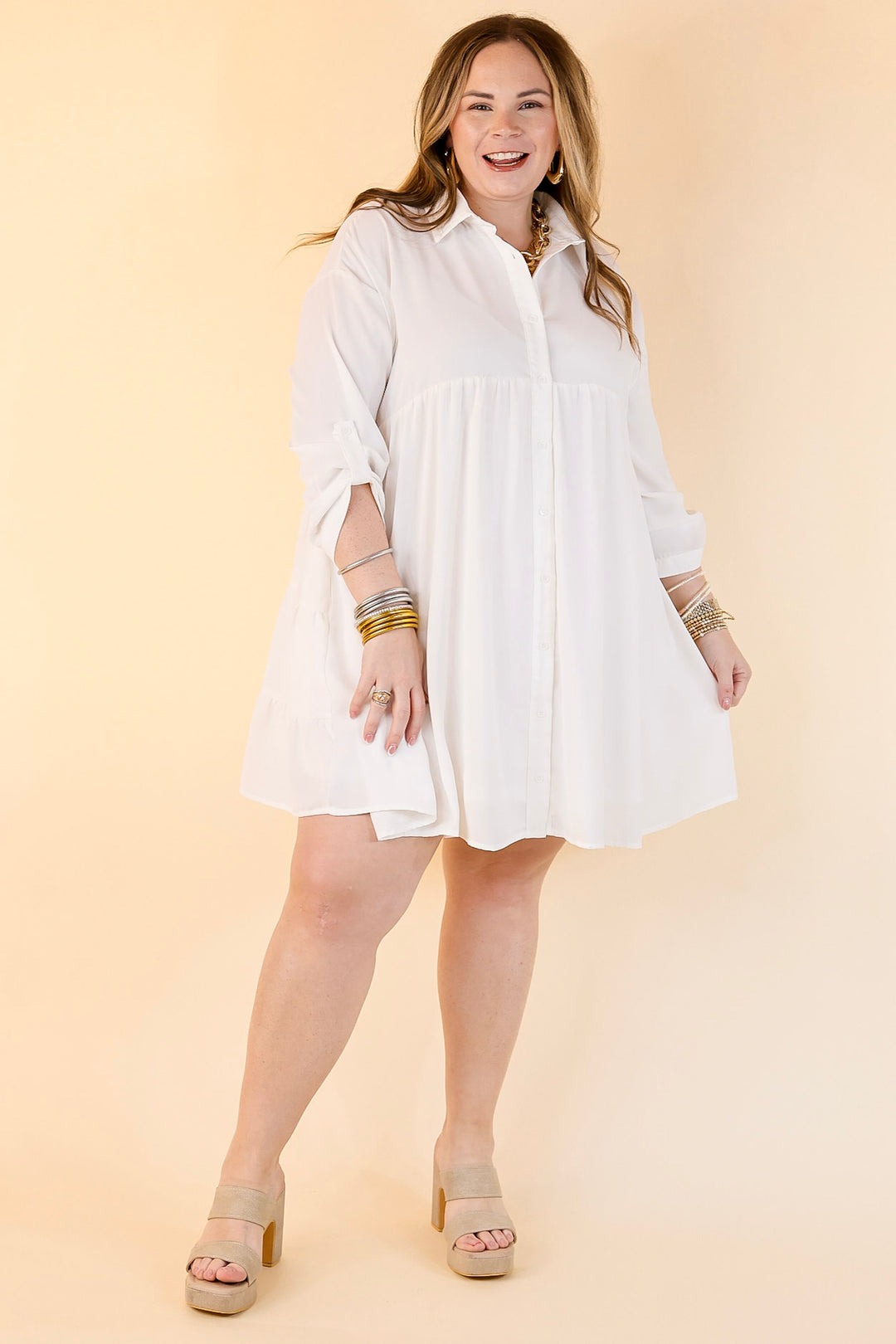 Risky Business Button Up Babydoll Dress in White