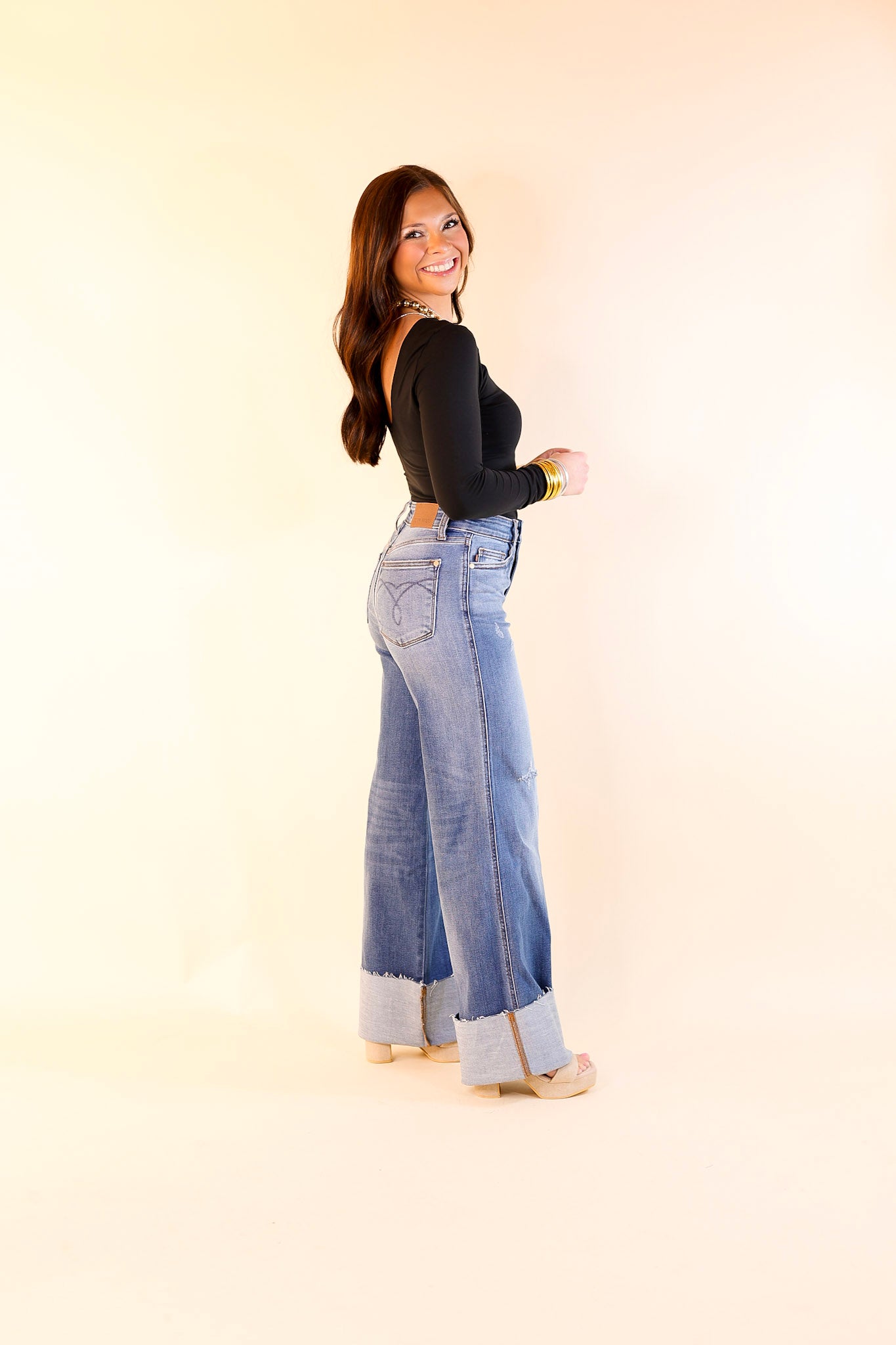 Judy Blue | Ready for Anything High Waisted Retro Wide Leg Jean with Cuff in Medium Wash