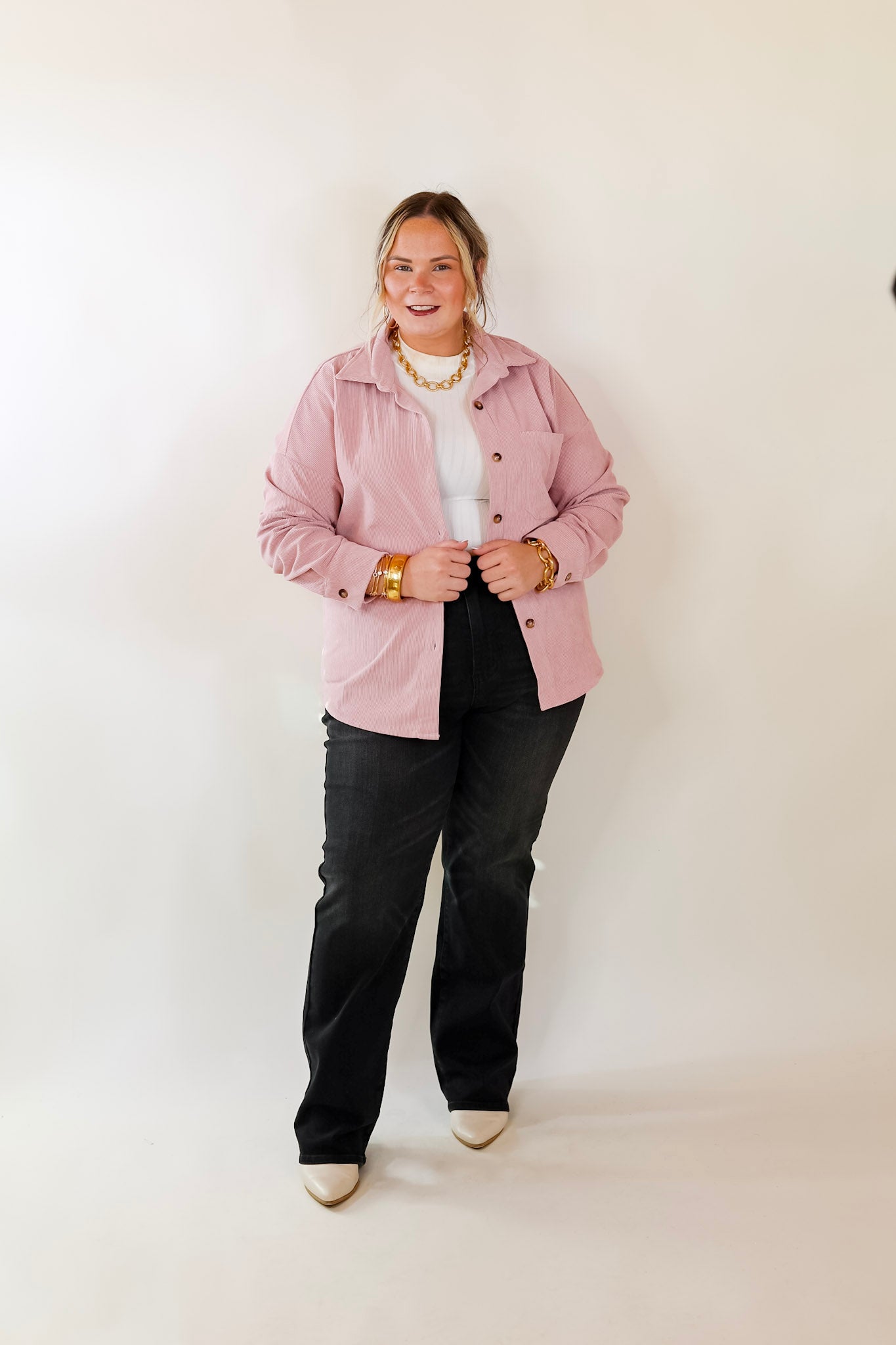 Captivating Cuteness Corduroy Button Up Shacket in Light Pink - Giddy Up Glamour Boutique