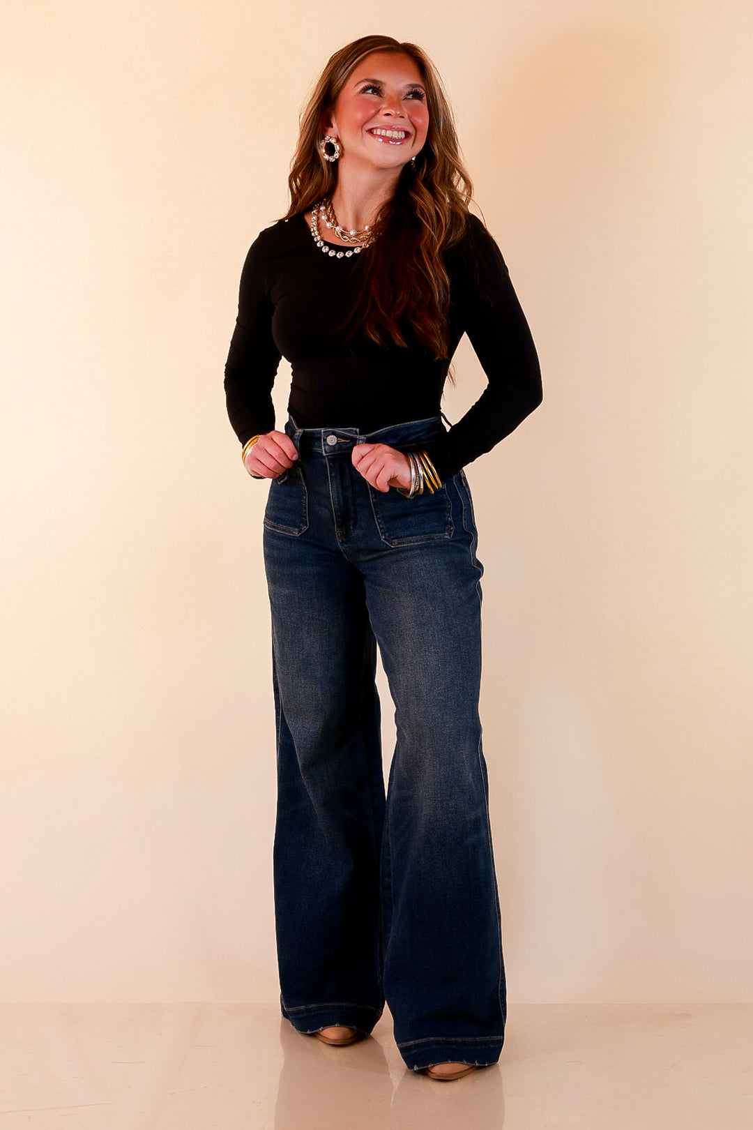 Judy Blue | Classic Companion Luxe Retro Wide Leg Jeans with Front Patch Pockets in Dark Indigo Wash