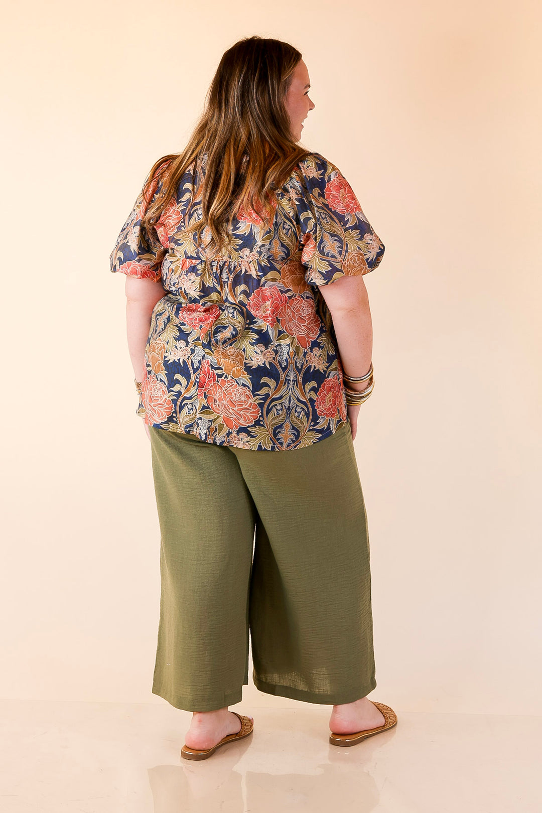 Blooming Days Ahead Floral Print V Neck Blouse with Puff Sleeves and Ruffle Trim Collar in Navy Mix