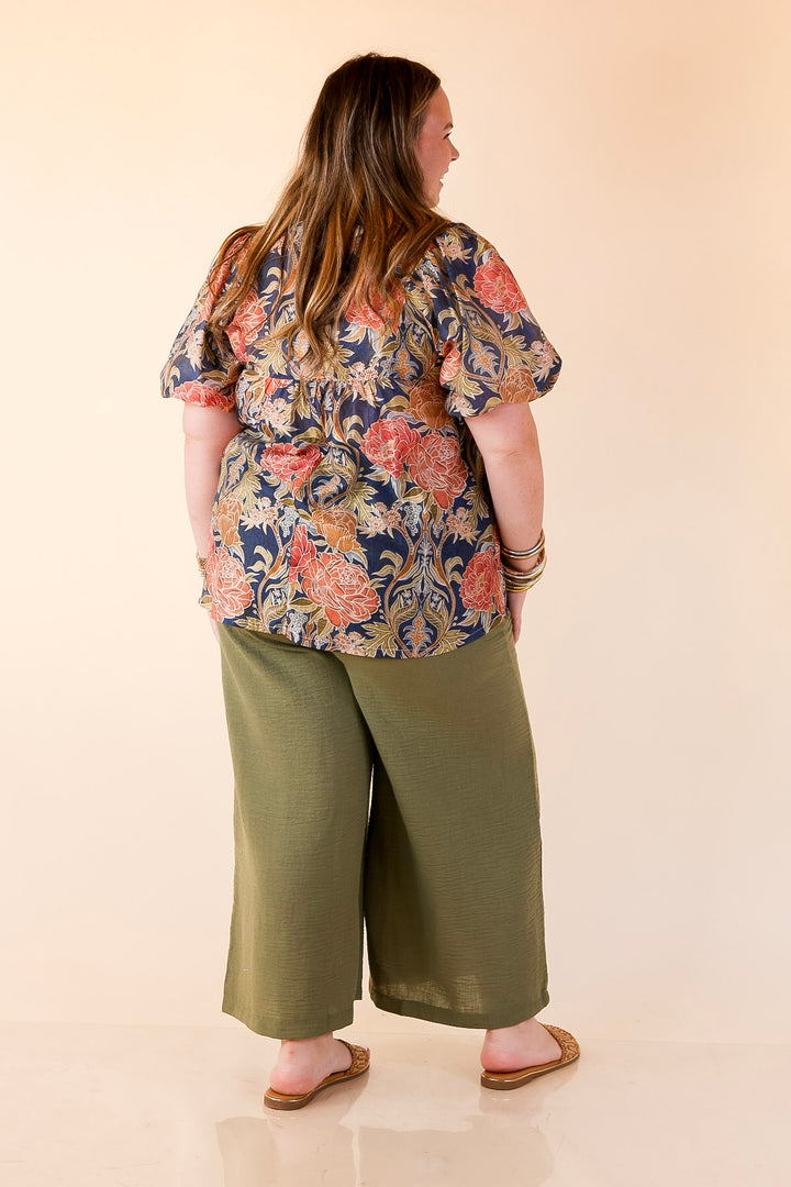 Blooming Days Ahead Floral Print V Neck Blouse with Puff Sleeves and Ruffle Trim Collar in Navy Mix