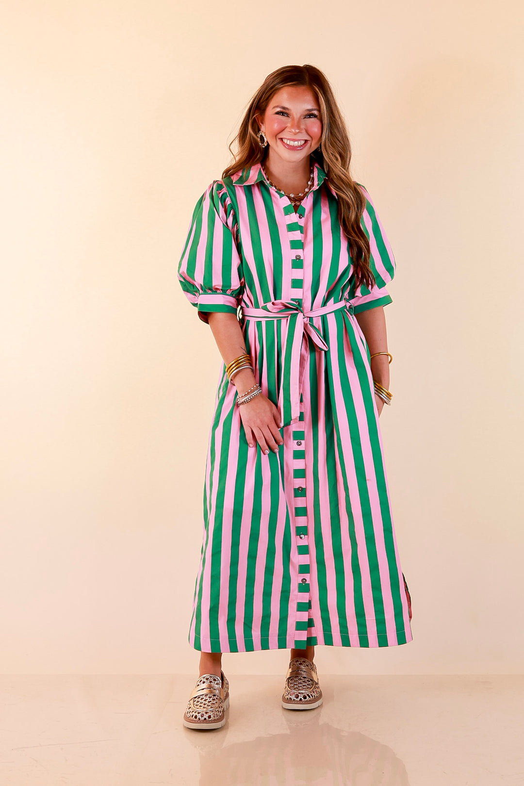 Palm Springs Pretty Puff Sleeve Button Front Belted Midi Dress with Stripe Print in Pink and Kelly Green