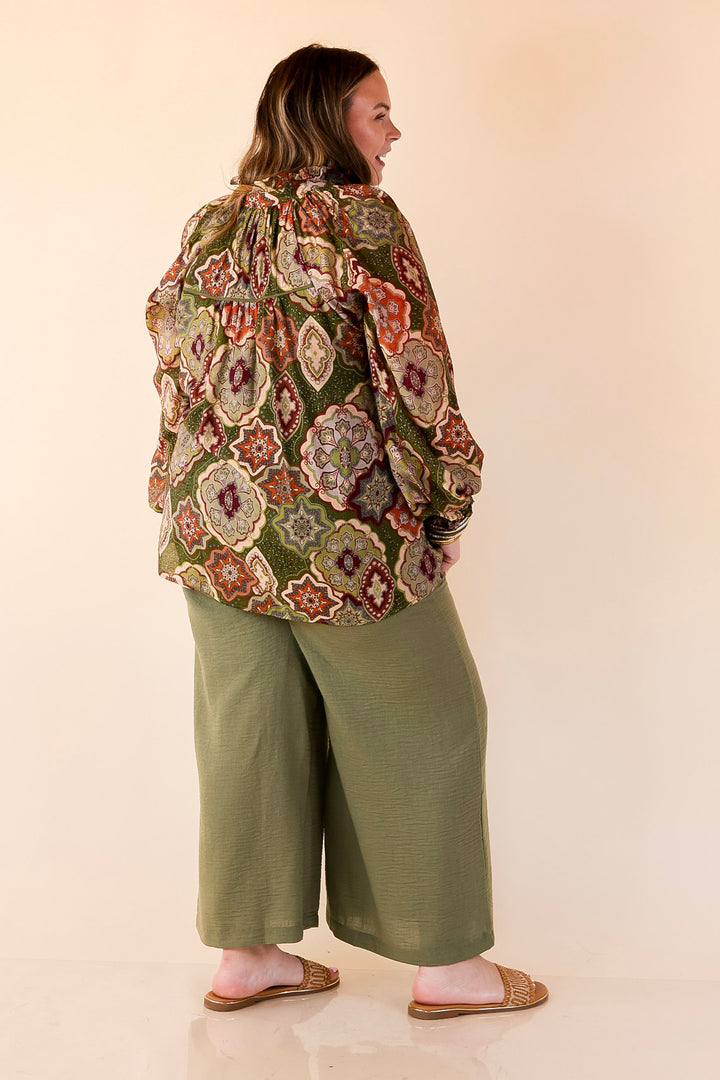 Mosaic Muse Boho Mosaic Print Long Balloon Sleeve Blouse in Olive Green, Maroon and Rust Orange