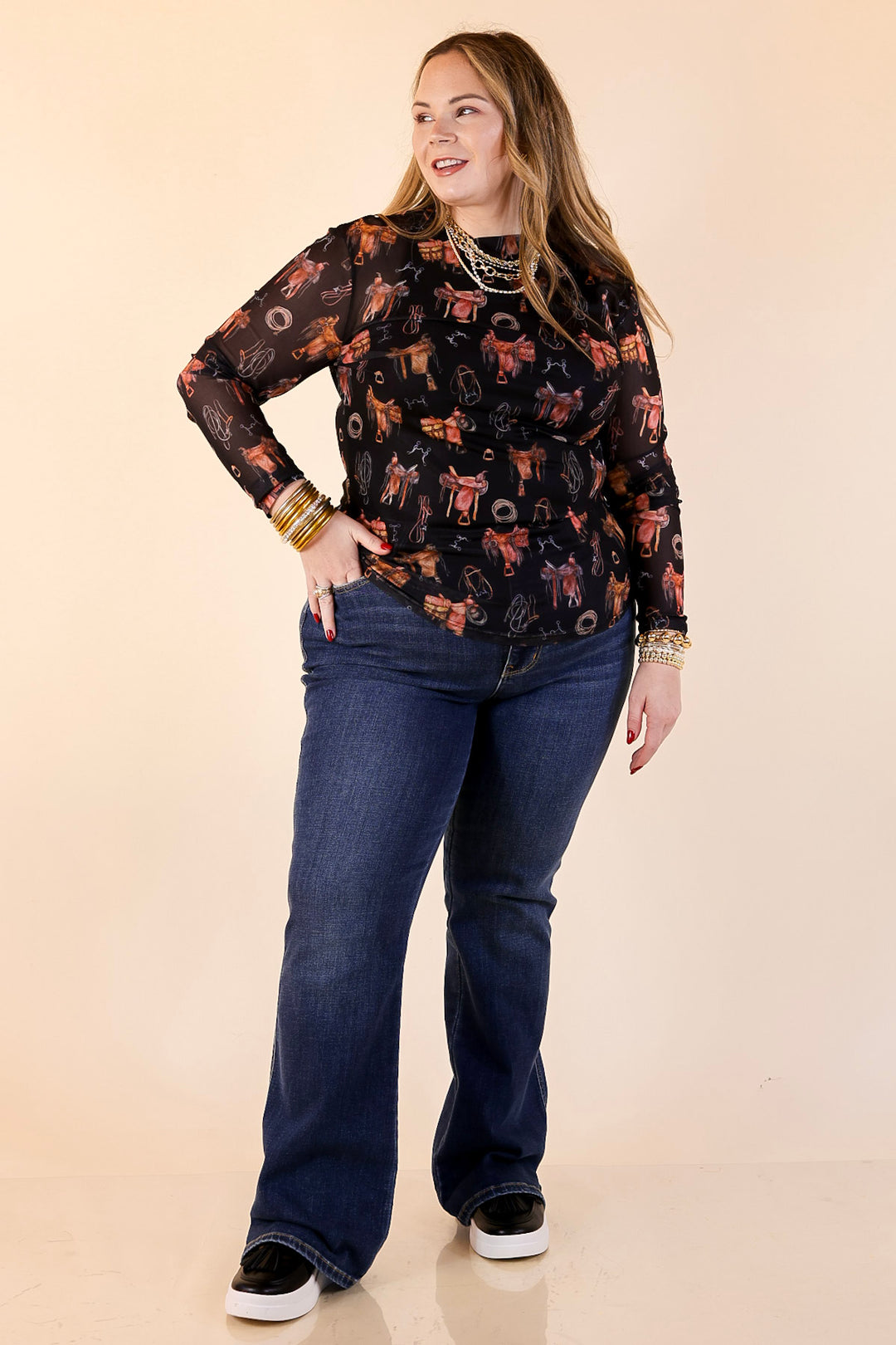 Sheer Confidence Western Saddle and Bits Icons Mesh Long Sleeve Top in Black