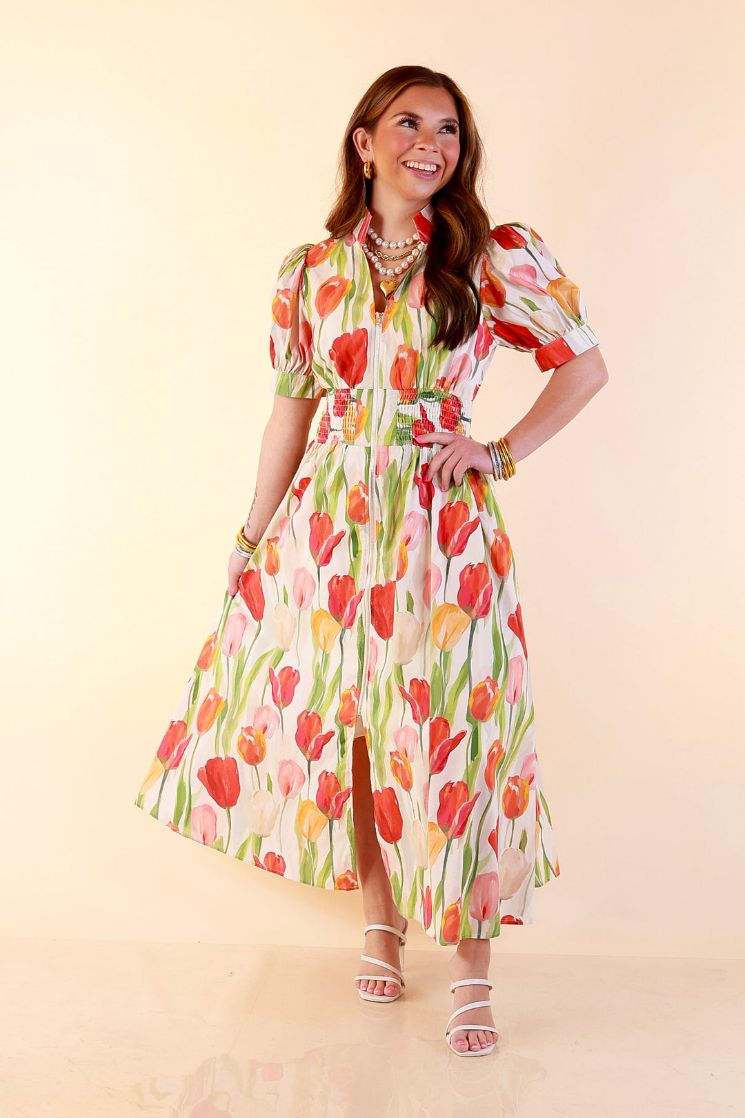 Modern Charm Zip Front Midi Tulip Print Dress with Smocked Waist and Short Sleeves in Cream