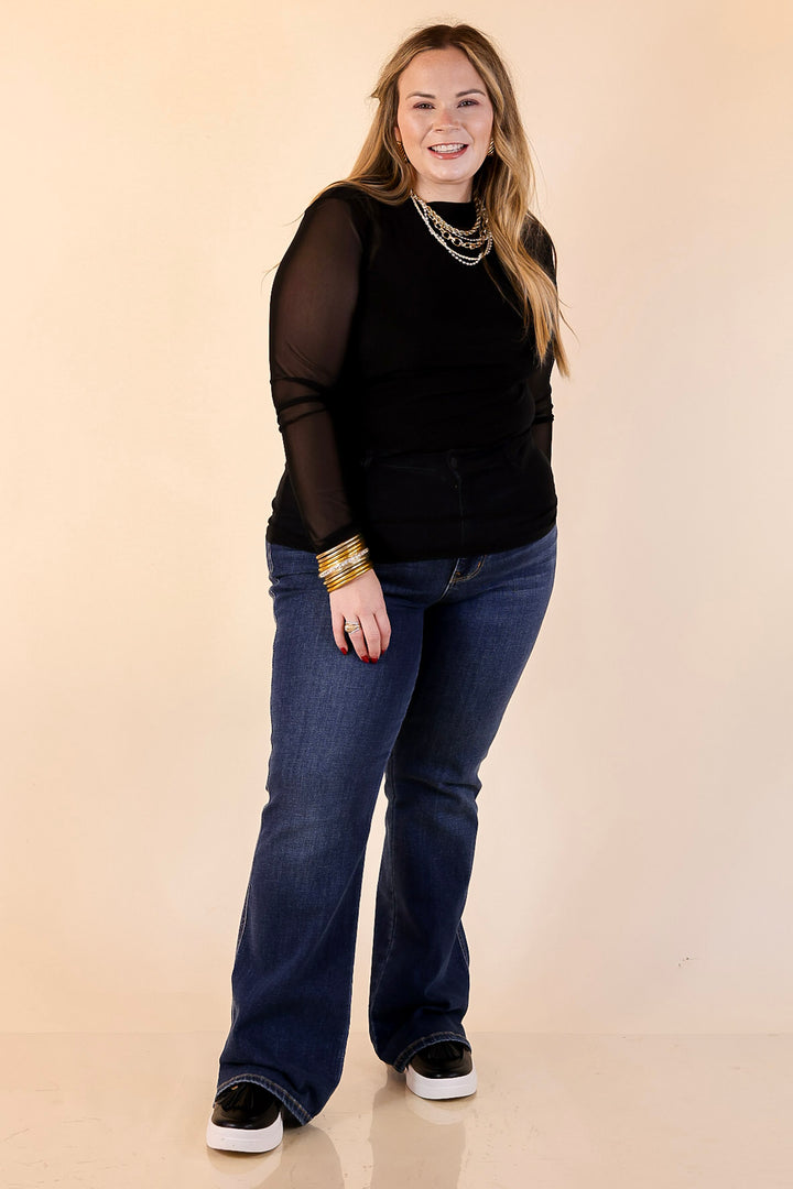 Sheer Confidence Solid Mesh Long Sleeve Top in Black