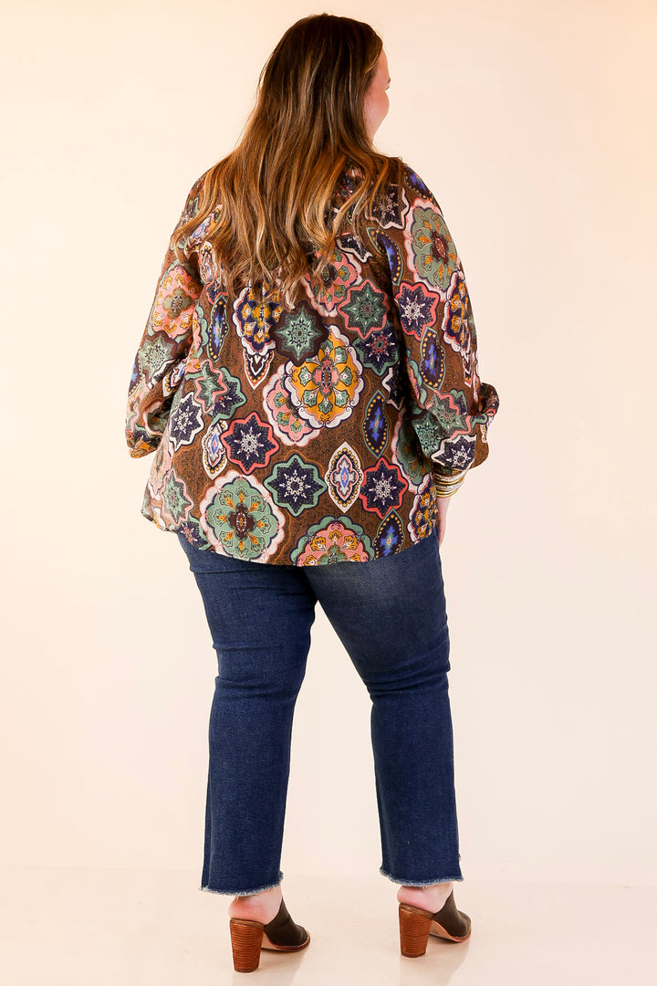 Mosaic Muse Boho Mosaic Print Long Balloon Sleeve Blouse in Brown, Pink, Navy and Cream