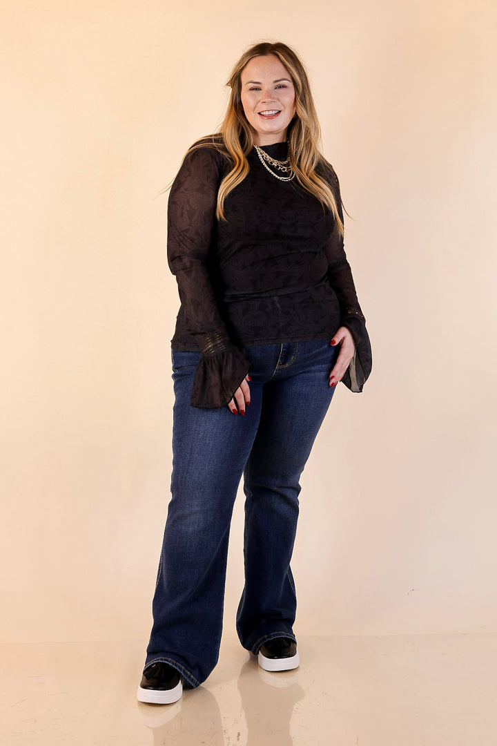 Sheer and Sophisticated Tooled Print Long Sleeve Mesh Top with Ruffle Sleeves in Black