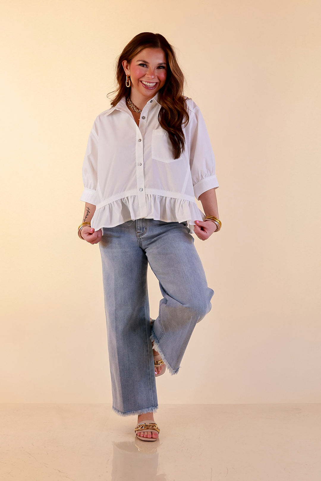 Style Agenda Solid Button Down Peplum Top in White