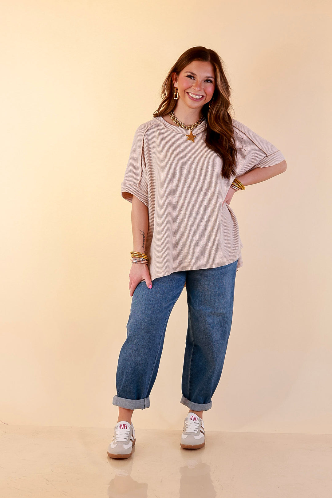 Daily Perfection Scoop Neck Short Sleeve Ribbed Top in Beige