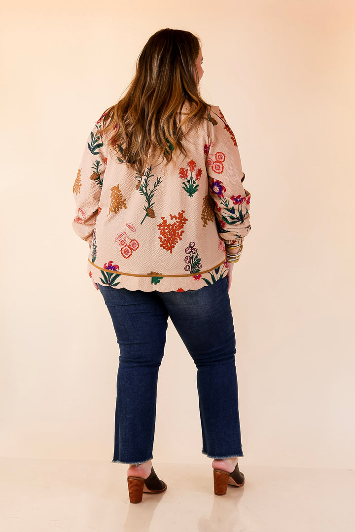 Garden Soirée Floral Print Collared Blouse with Long Balloon Sleeves in Tan