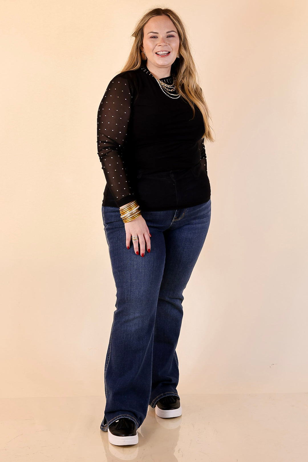 Sheer Confidence Solid Mesh Long Sleeve Top with Rhinestone Detailing in Black