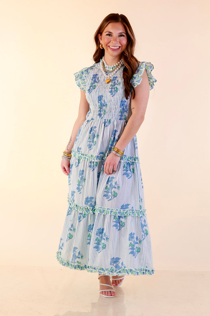 Mud Pie | Graceful Charm Smocked Floral and Stripe Print Tiered Midi Dress with Ruffle Sleeves in Blue