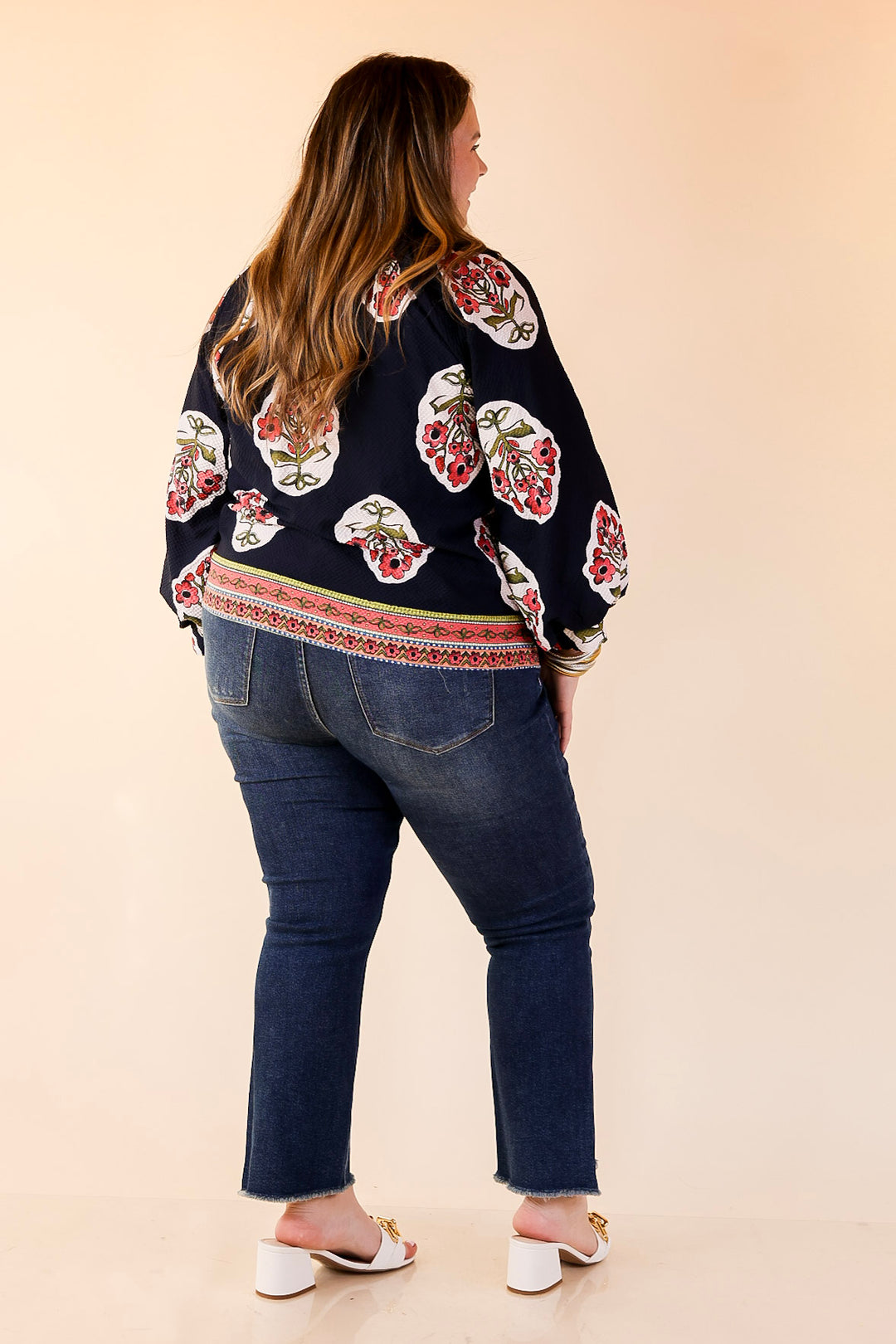 Farmer's Market Flair Floral Print V Neck Blouse with Long Balloon Sleeves in Navy