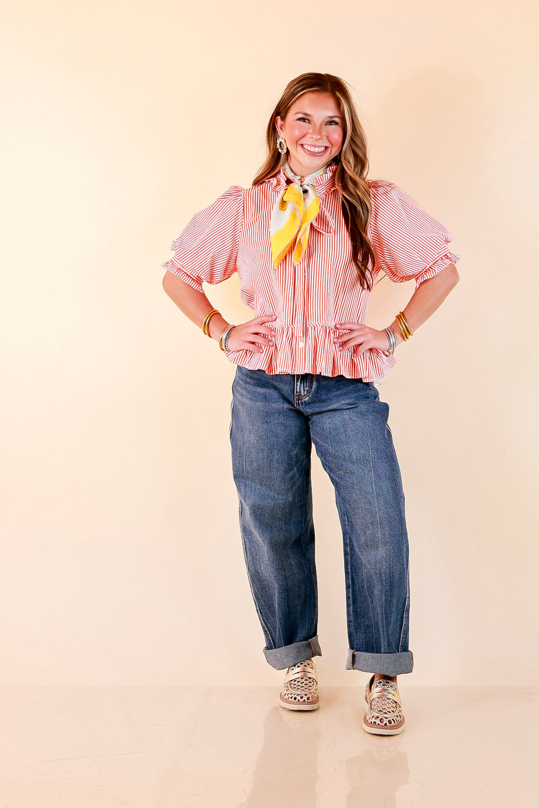 Tea Time Charm Tie Neck Puff Sleeve Peplum Button Front Stripe Blouse in Orange