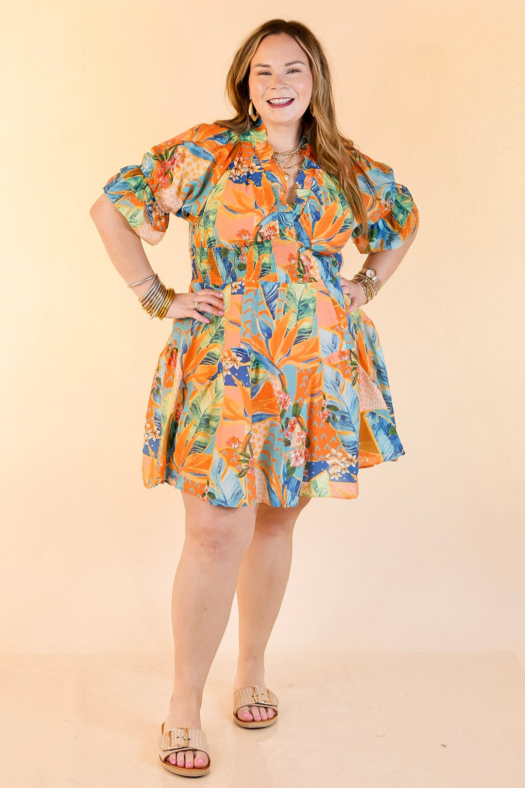 Sweet as Sundown Floral Print Dress With Smocked Waist in Orange Mix