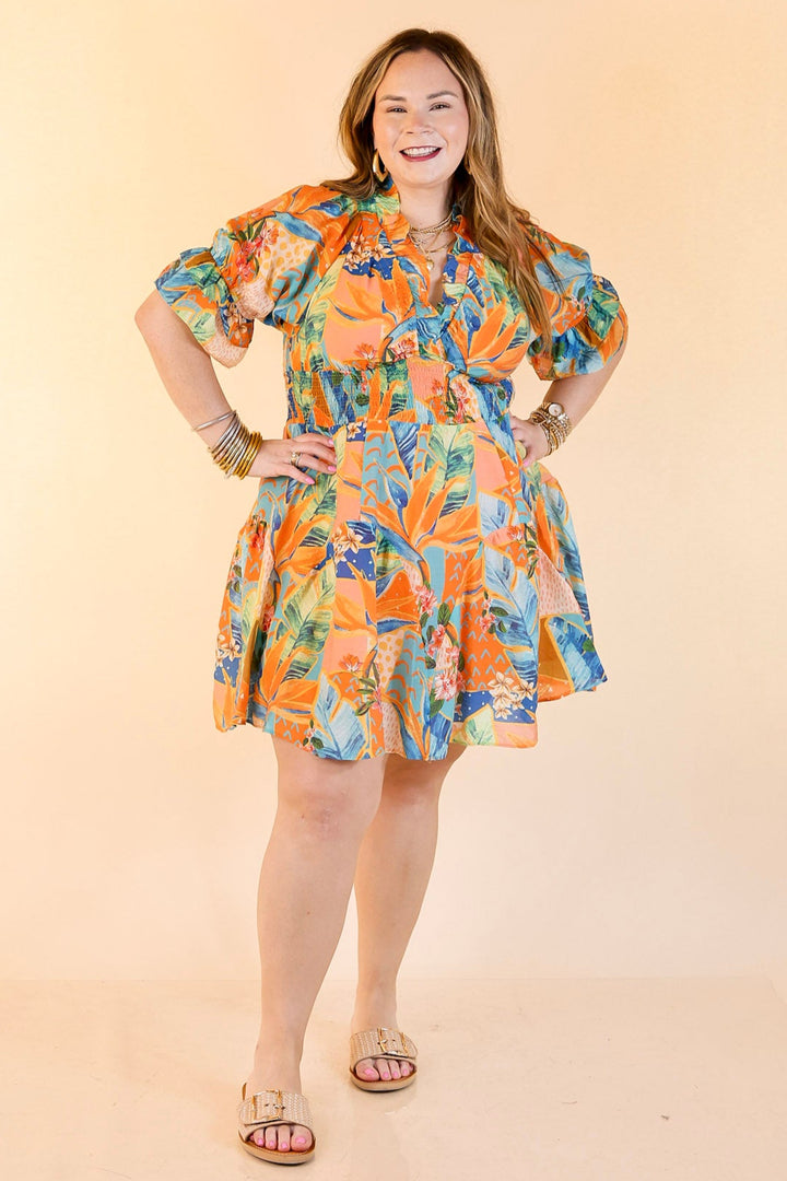 Sweet as Sundown Floral Print Dress With Smocked Waist in Orange Mix