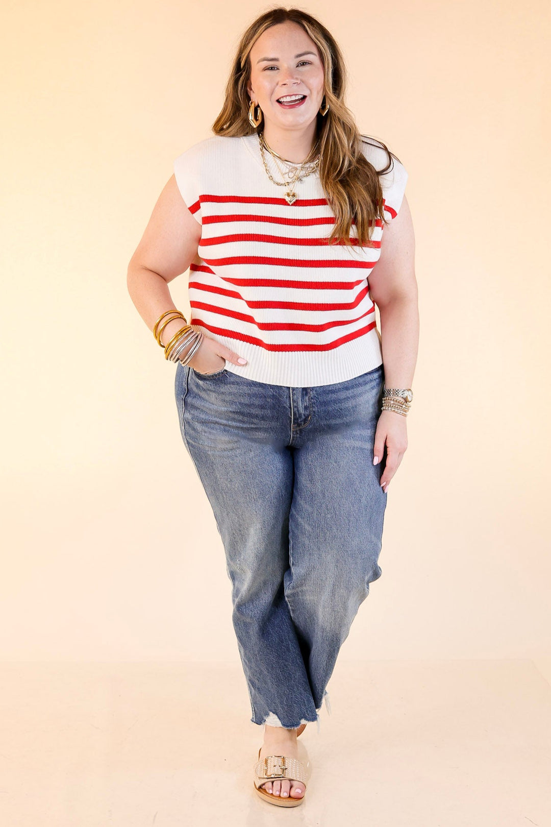 Stripe Things Up Drop Shoulder Knit Sweater in White with Red Stripes