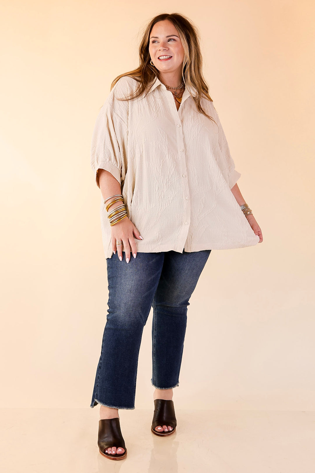 Flirty in Floral Textured Floral Print Button Up Collared Blouse in Cream