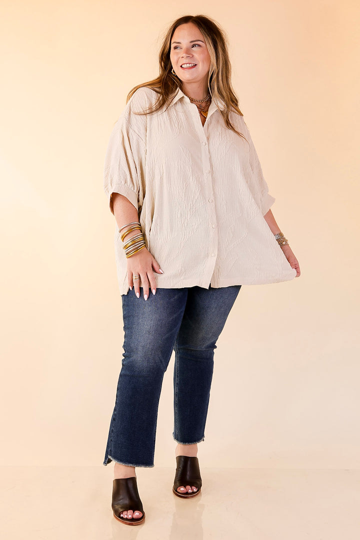 Flirty in Floral Textured Floral Print Button Up Collared Blouse in Cream