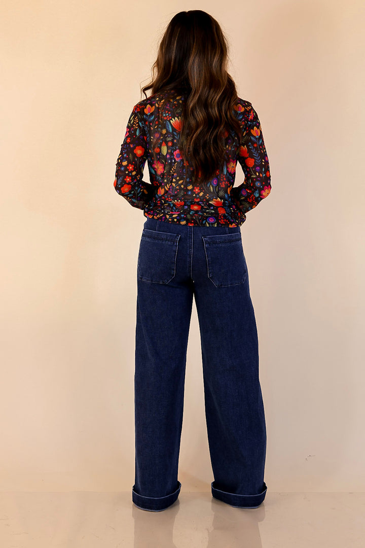 The Perfect Layer Colorful Floral Fiesta Print Mesh Long Sleeve Top in Black