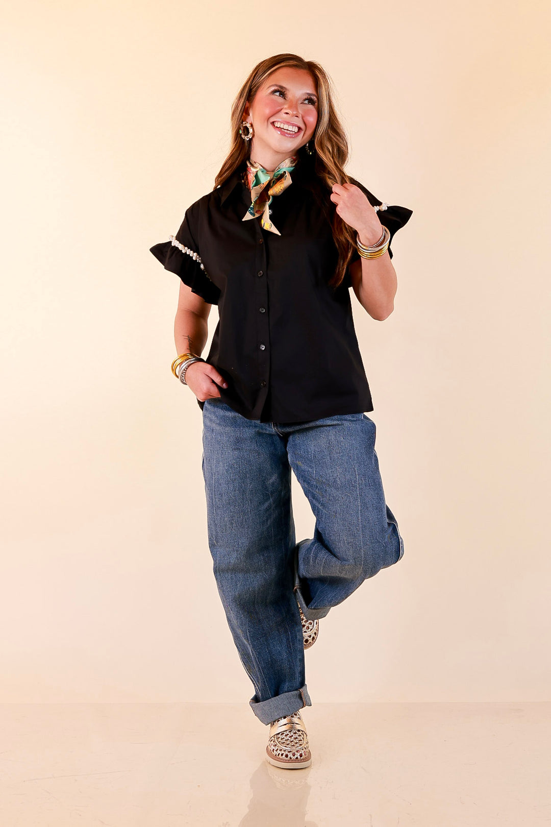 Pearl Perfection Pearl Trim Ruffle Sleeve Button Front Top in Black