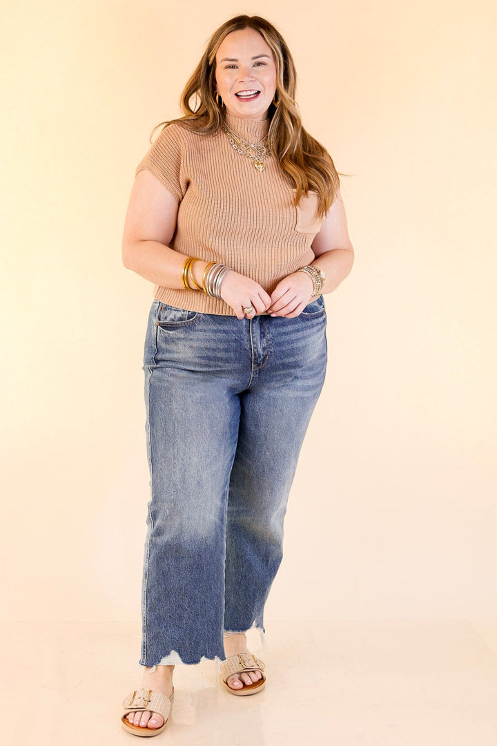 Repeat Worthy Cap Sleeve Cropped Sweater with Front Pocket in Light Brown