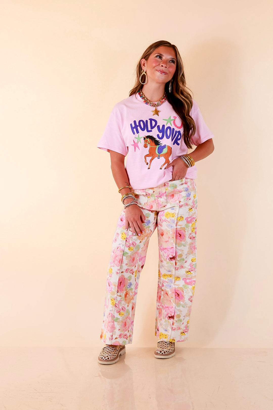 Rein It In "Hold Your Horses" Short Sleeve Graphic Tee in Light Pink