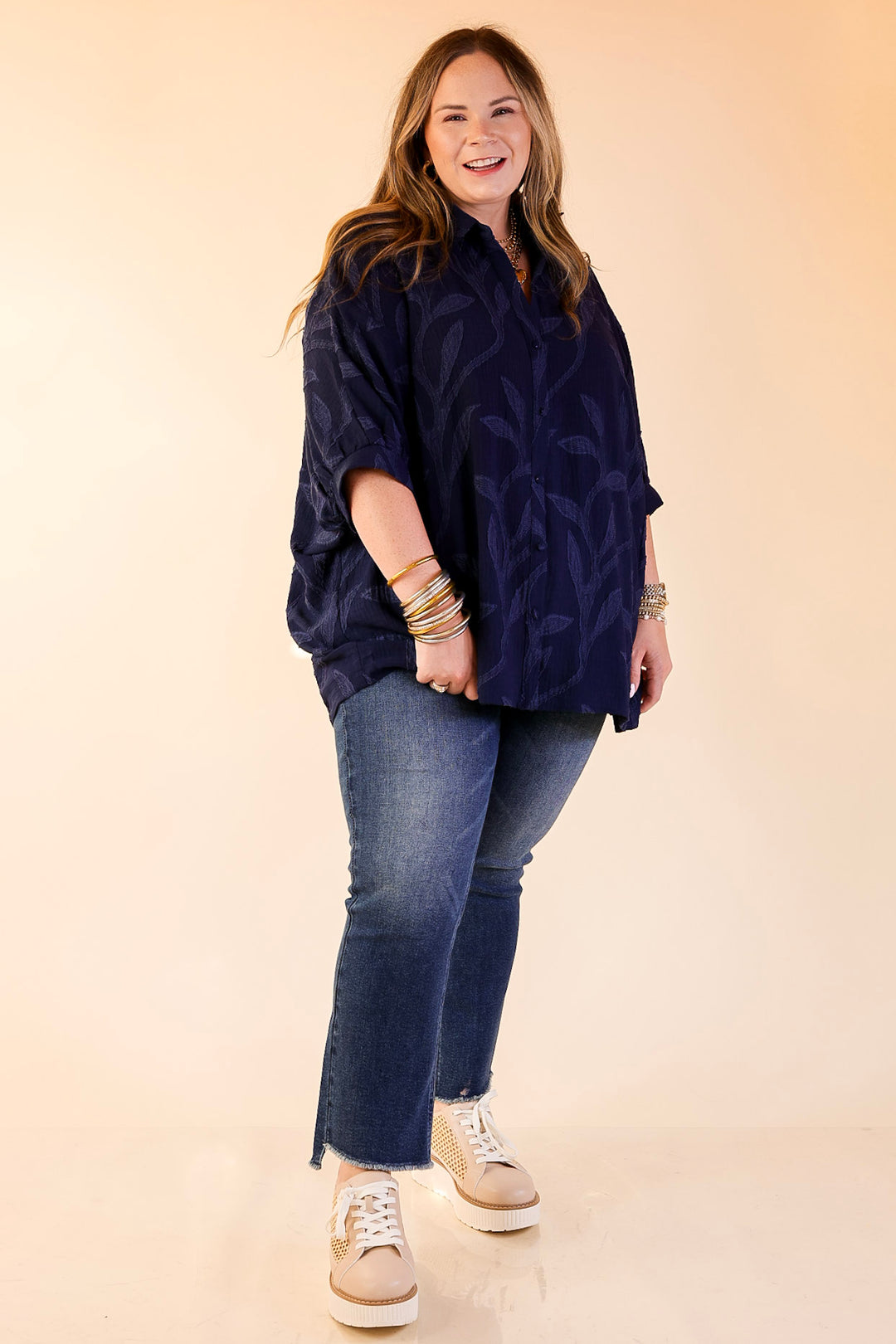 Flirty in Floral Textured Floral Print Button Up Collared Blouse in Navy Blue