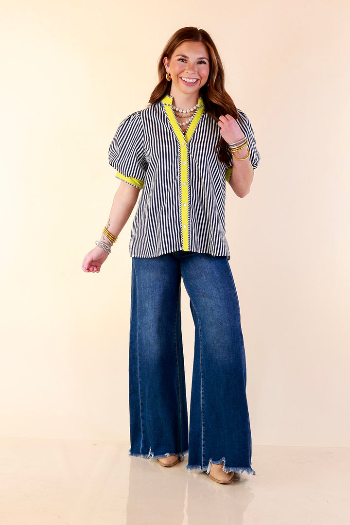 Pop of Polish Short Puff Sleeve Button Front Top with Contrast Trim in Navy Blue, White and Lime
