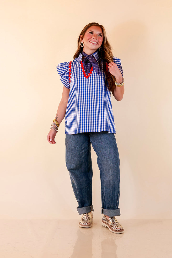 Sweet Tea Social Ruffle Sleeve Gingham Top with Ric Rac Trim in Royal Blue