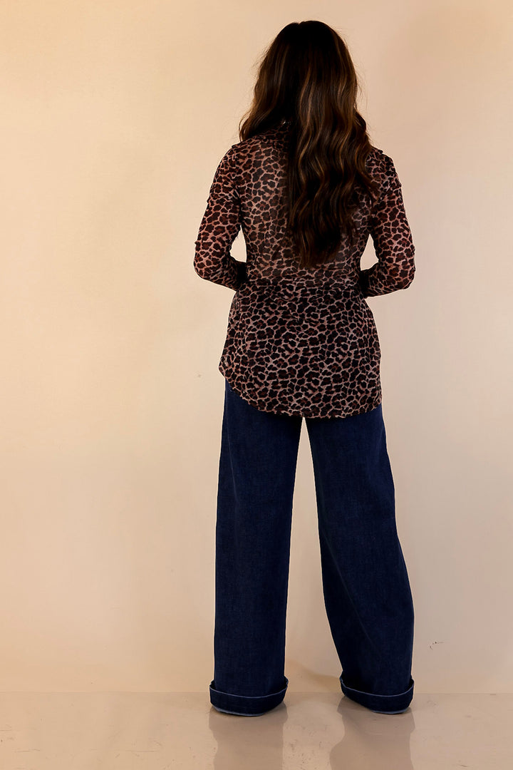 Pretty and Poised Mesh Top with Ruffle Peter Pan Collar in Leopard Print