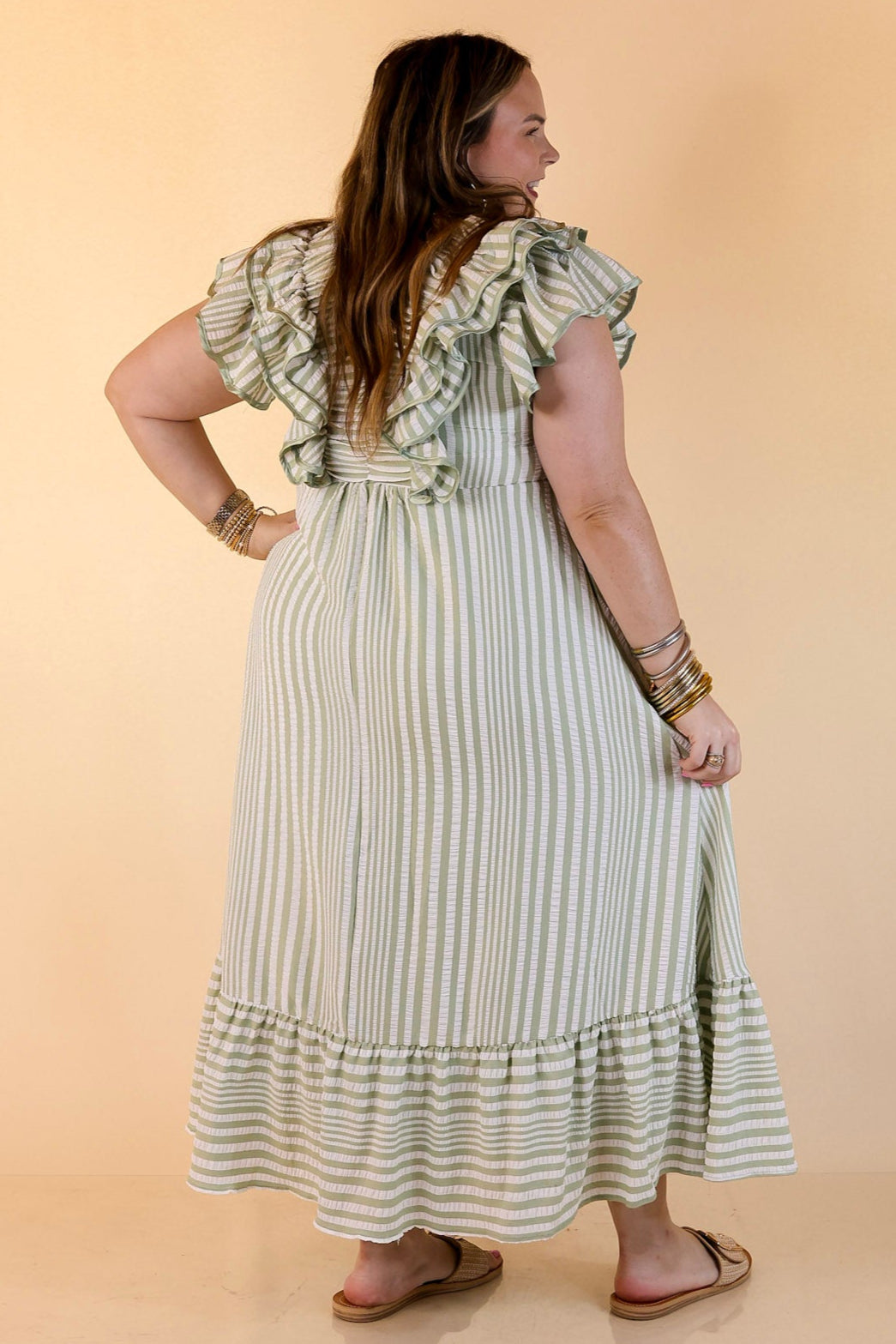 Oh So Sweet V-Neck Striped Maxi Dress in Sage Green