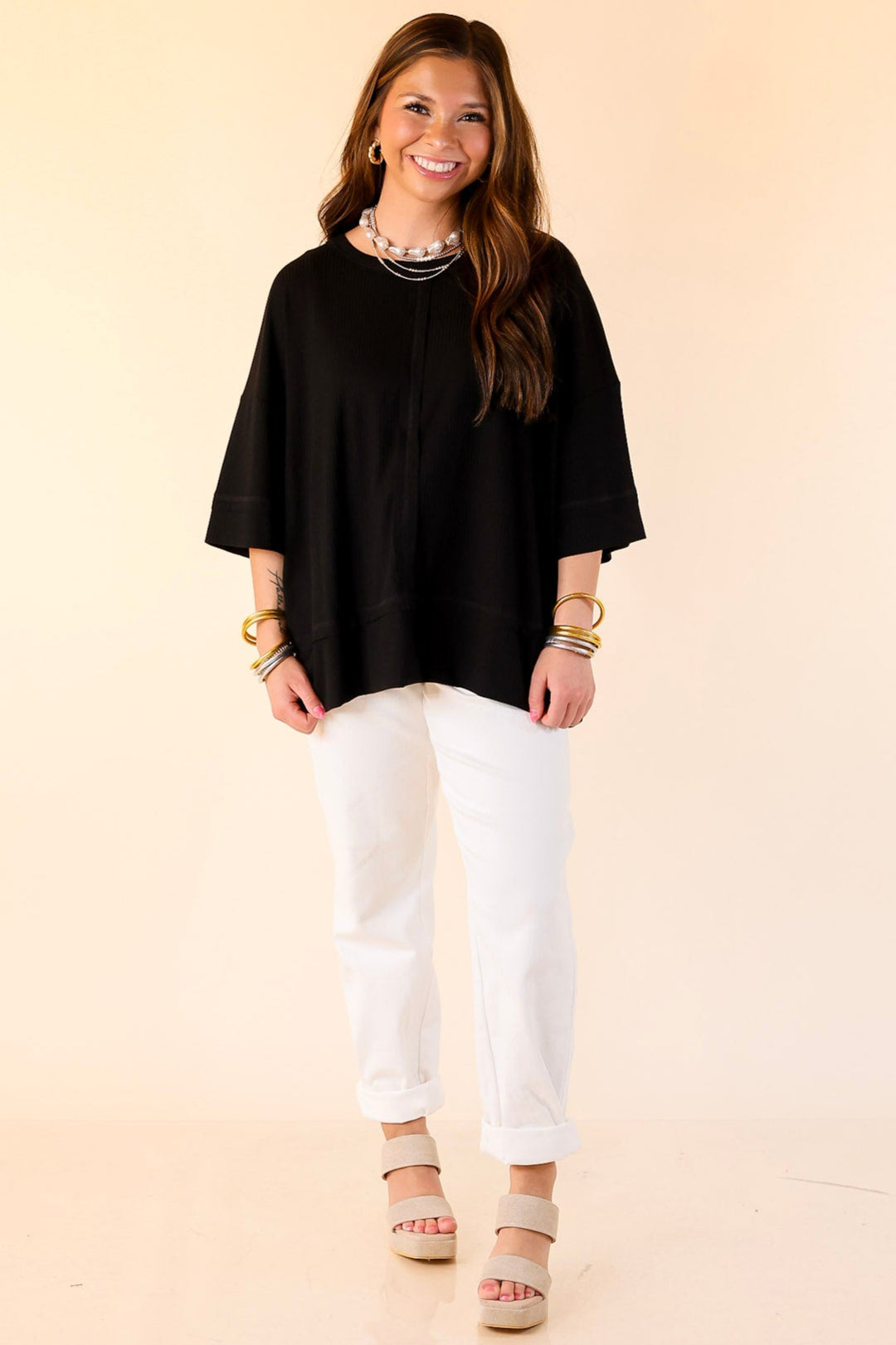 Subtle Spark Crew Neck Short Sleeve Shirt with Seam Detailing in Black