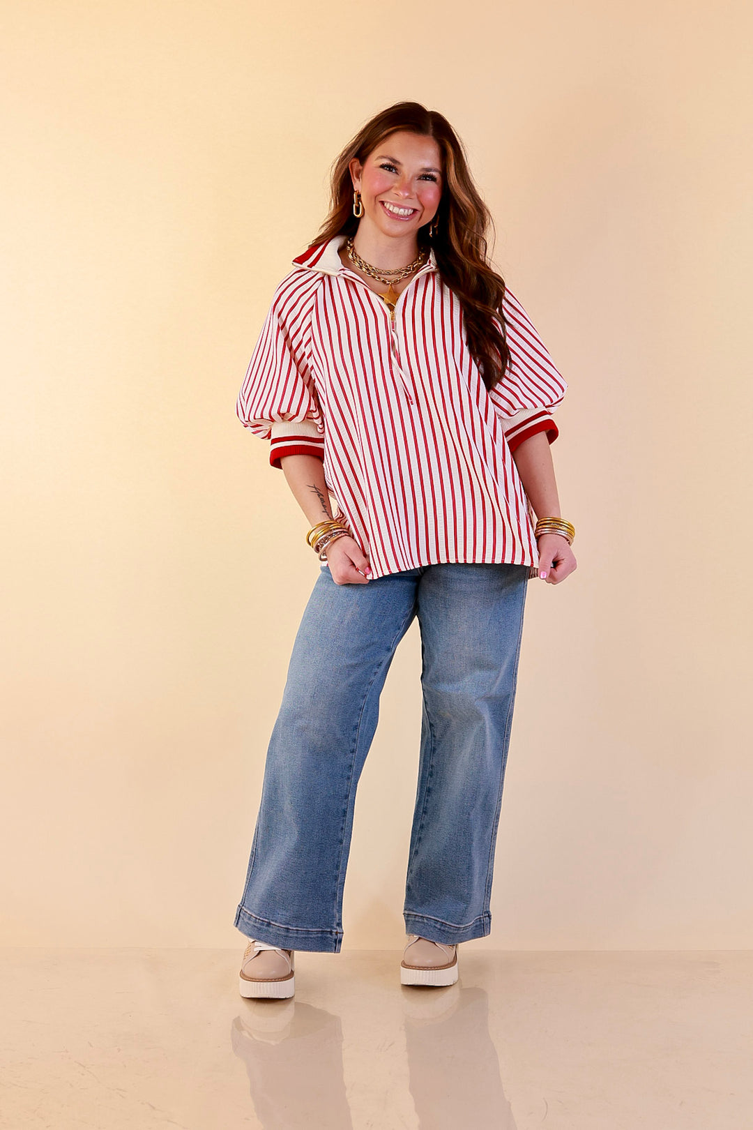 Bold Instincts Striped Print Half Zip Top with Puff Sleeves in Red and Ivory
