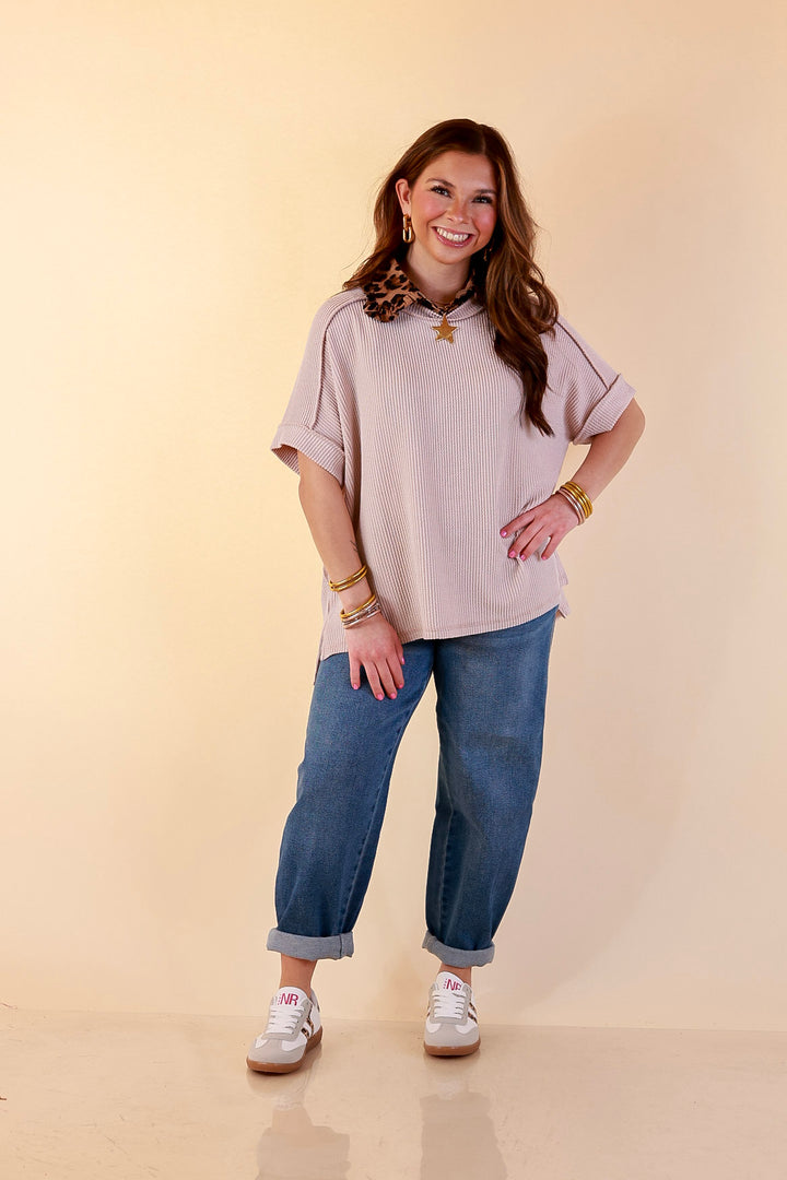 Daily Perfection Scoop Neck Short Sleeve Ribbed Top in Natural Brown