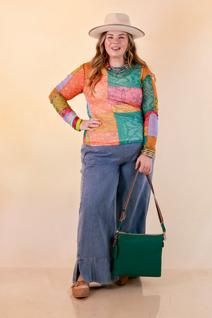 Western Dream Patchwork Paisley Bandana Print Sheer Mesh Long Sleeve Top in Multicolor