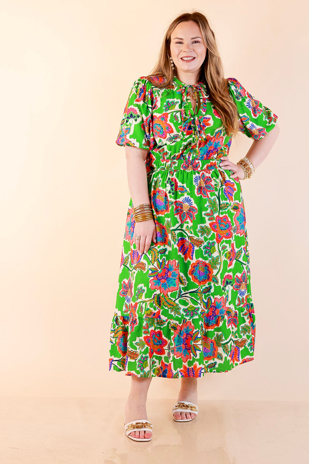 Color Me Happy Floral Print Midi Dress with Tie Neckline and Puff Sleeves in Green
