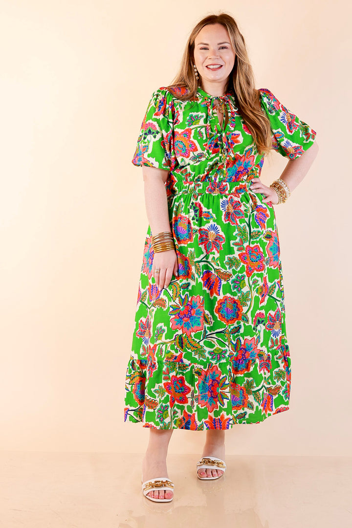 Color Me Happy Floral Print Midi Dress with Tie Neckline and Puff Sleeves in Green
