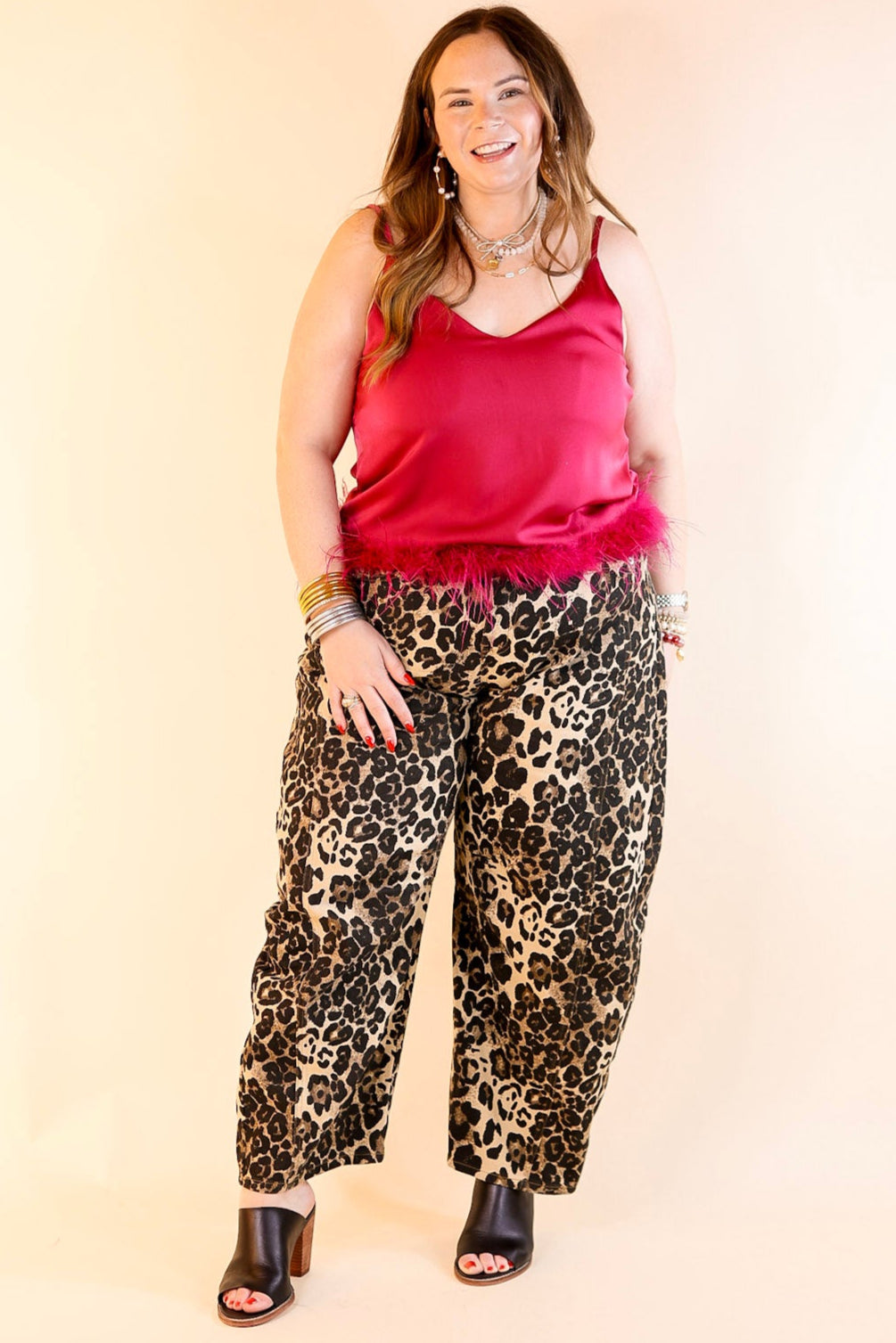 Out All Night Spaghetti Strap Top with Feather Hem in Magenta