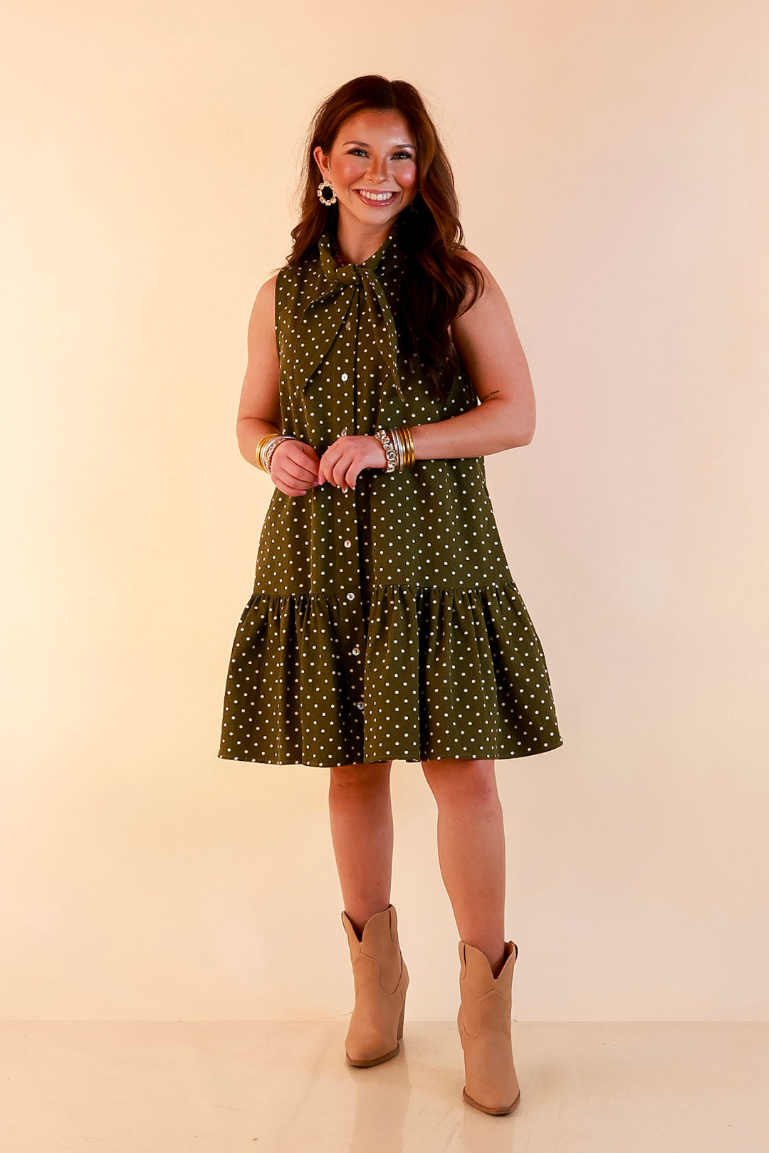 Sweet Spot Denim Polka Dot Bow Neck Tie Button Front Drop Waist Dress in Olive Green