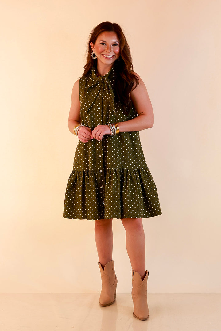 Sweet Spot Denim Polka Dot Bow Neck Tie Button Front Drop Waist Dress in Olive Green