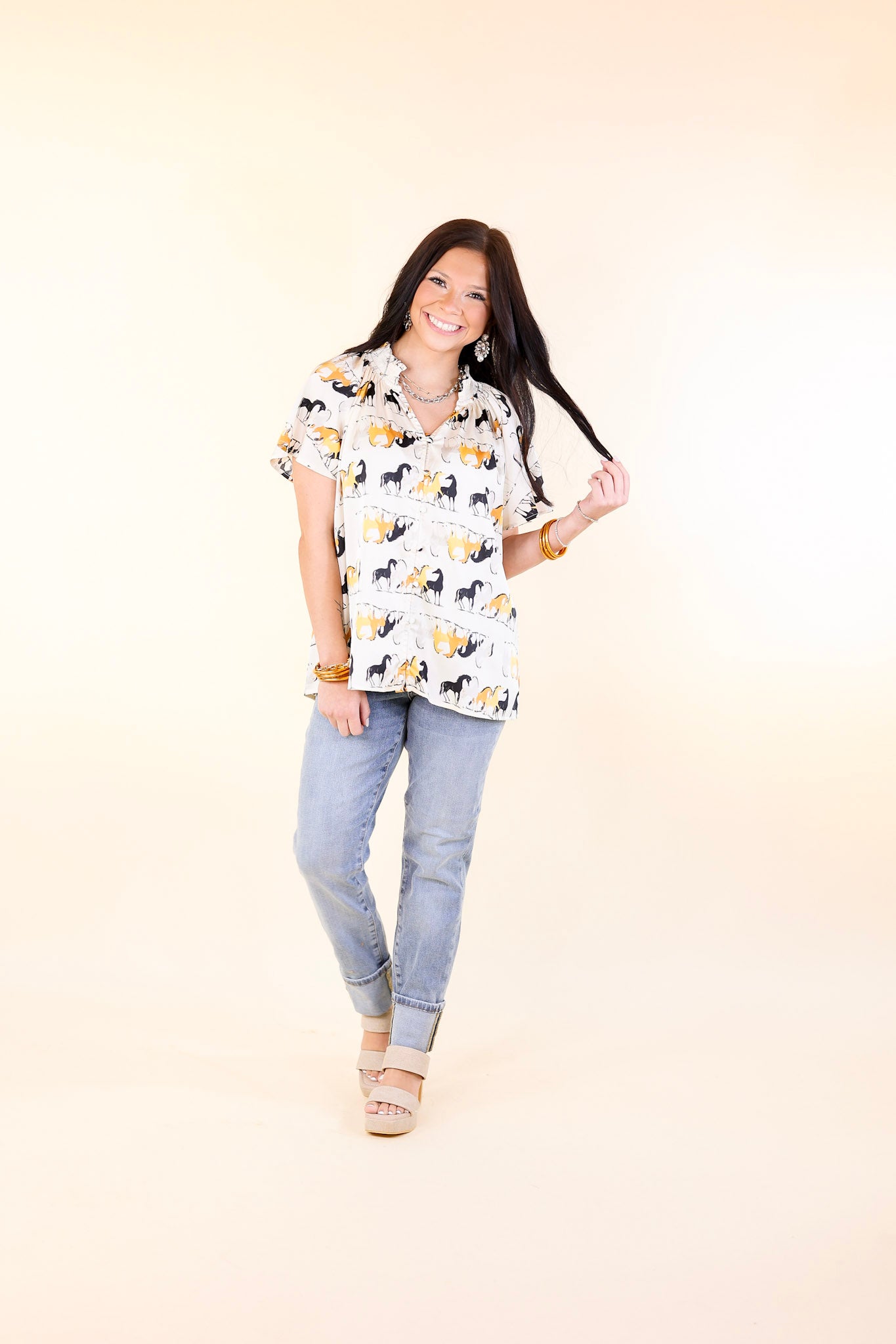 Away We Go Button Up Horse Print Shirt in Ivory