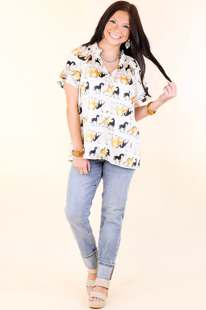 Away We Go Button Up Horse Print Shirt in Ivory