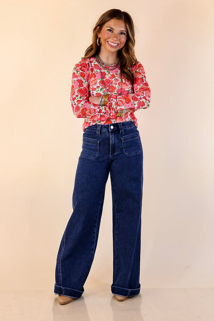 The Perfect Layer Colorful Floral and Hearts Print Mesh Long Sleeve Top in White