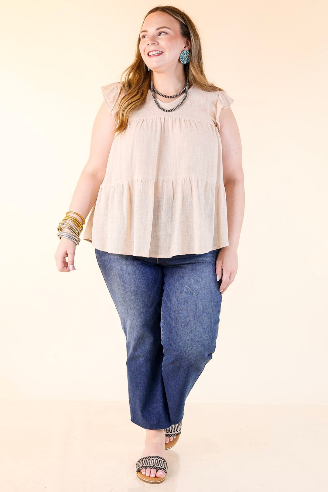 Stay Wonderful Solid Tiered Top with Ruffle Cap Sleeves in Natural