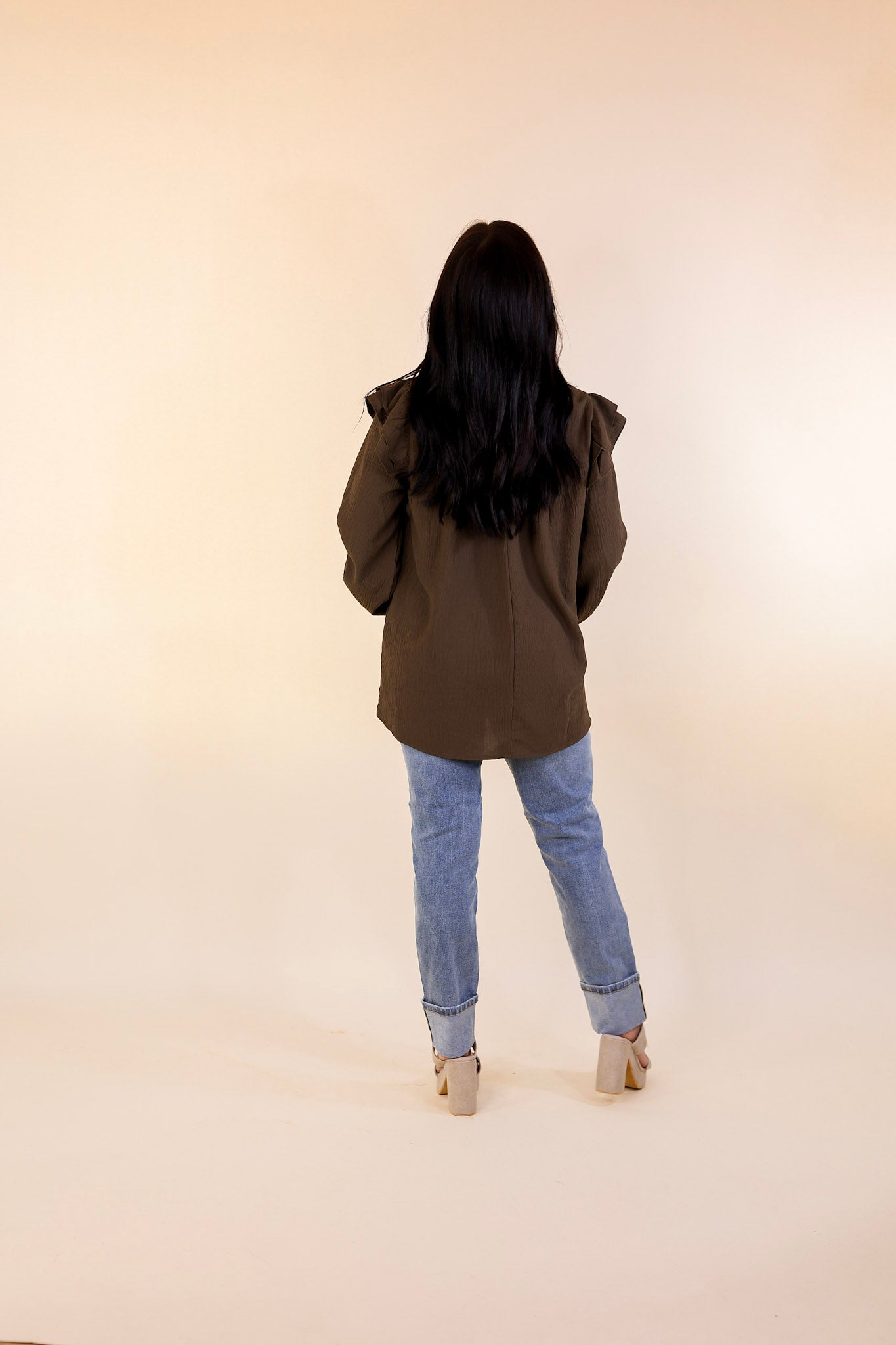 Balcony Nights Ruffle Shoulder Long Sleeve Blouse in Olive Brown