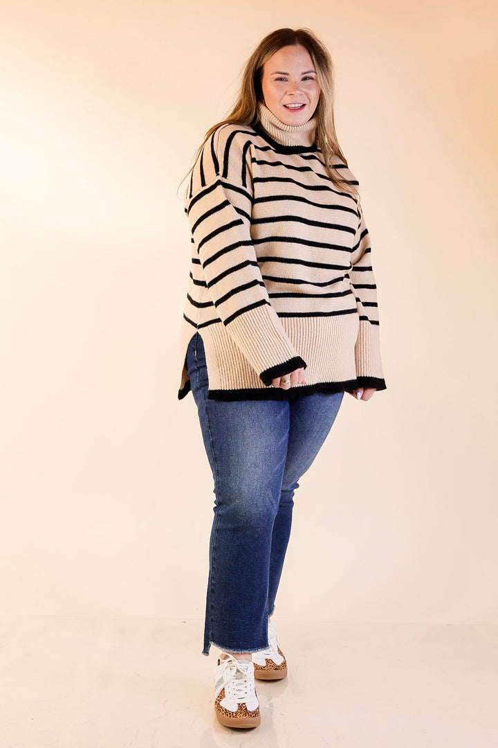Mud Pie | Dunn Turtleneck Sweater with Black Stripes in Tan