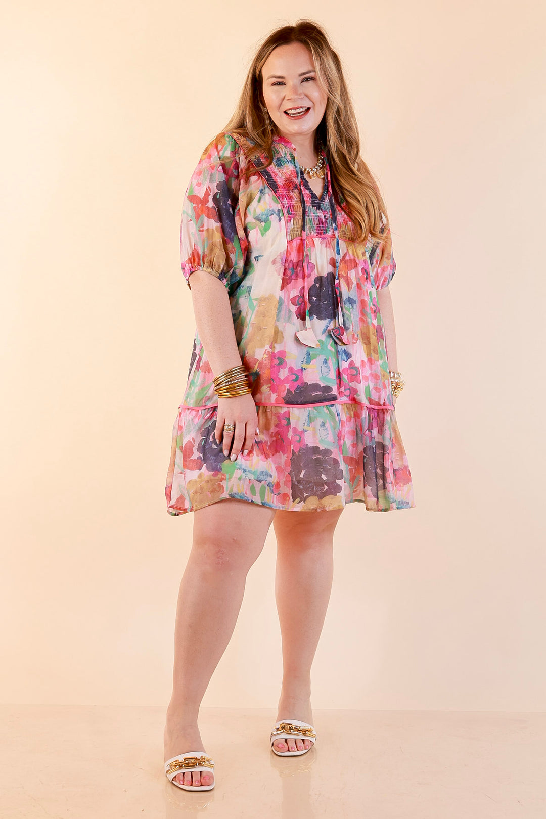 Painted Pretty Floral Print Smocked Yoke Dress with Tie Neckline and Puff Sleeves in Pink Mix